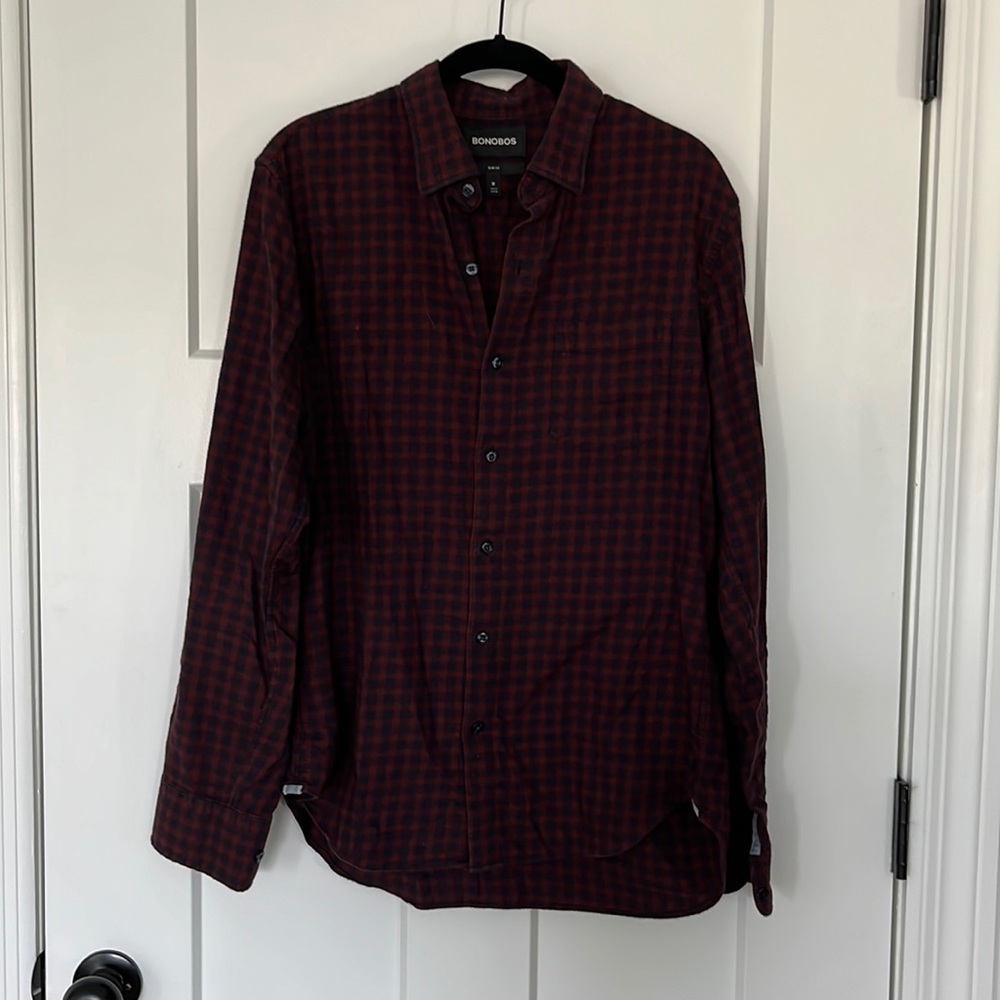 Bonobos Slim Fit Long Sleeve Button Down Red & Blue Plaid Flannel Size M